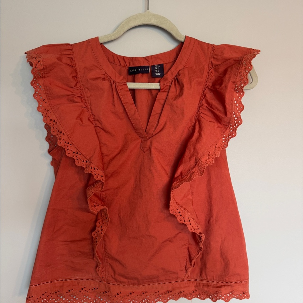 Amaryllis Coral-Red Eyelet Ruffle V-Neck Blouse
